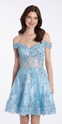Camille La Vie Off the Shoulder Corset Fit and Flare Dress with Scallop Hem