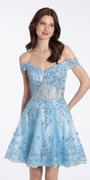 Camille La Vie Off the Shoulder Corset Fit and Flare Dress with Scallop Hem missy / 00 / light-blue