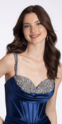 navy/size/0/missy/Camille La Vie/Stretch Satin Sweetheart Corset Trumpet Dress with Rhinestone Detail/close up