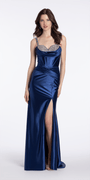 navy/size/0/missy/Camille La Vie/Stretch Satin Sweetheart Corset Trumpet Dress with Rhinestone Detail/front