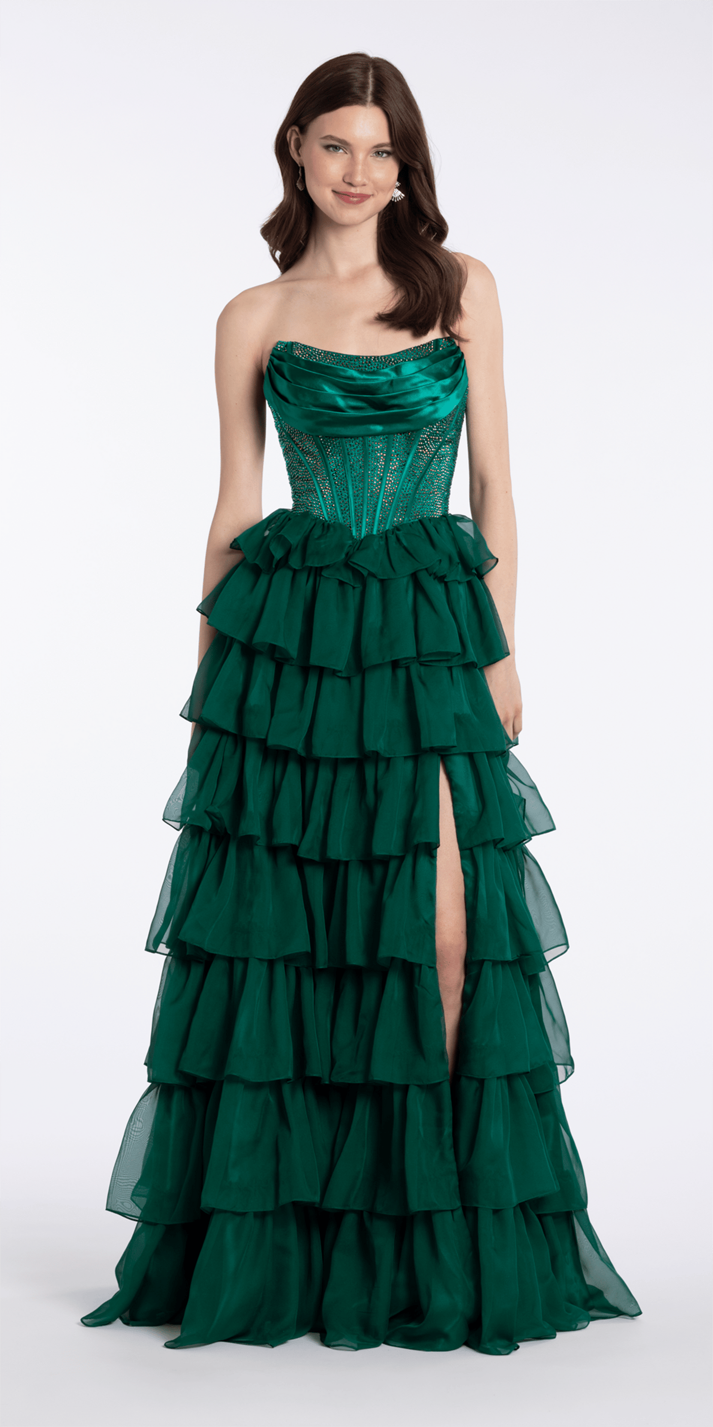 emerald/size/4/missy/Camille La Vie/ Satin Drape Embellished Corset A Line Dress with Chiffon Tiers/front