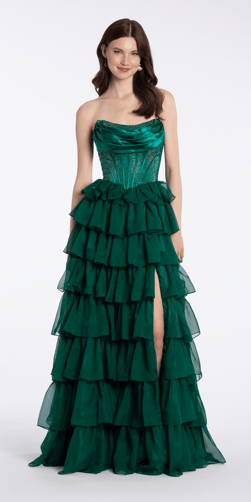 emerald/size/4/missy/Camille La Vie/ Satin Drape Embellished Corset A Line Dress with Chiffon Tiers/front