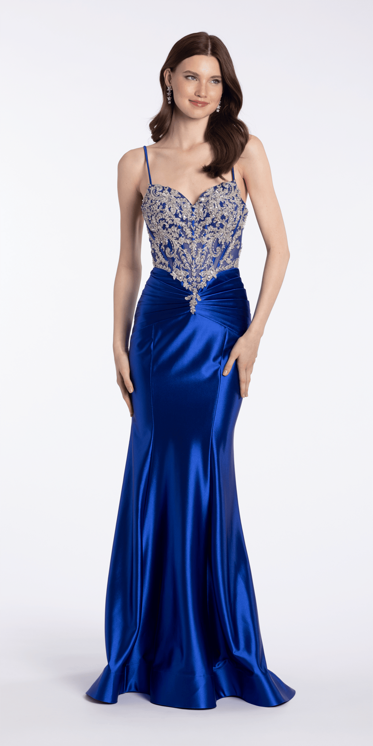 royal-blue/size/4/missy/Camille La Vie /Embroidered Sweetheart Satin Corset Trumpet Dress/front 2