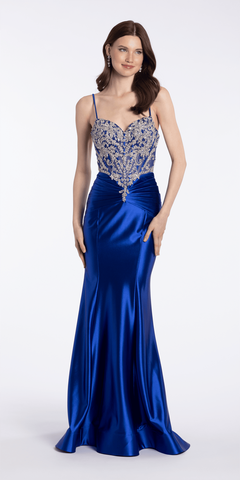 Camille La Vie Embroidered Sweetheart Satin Corset Trumpet Dress