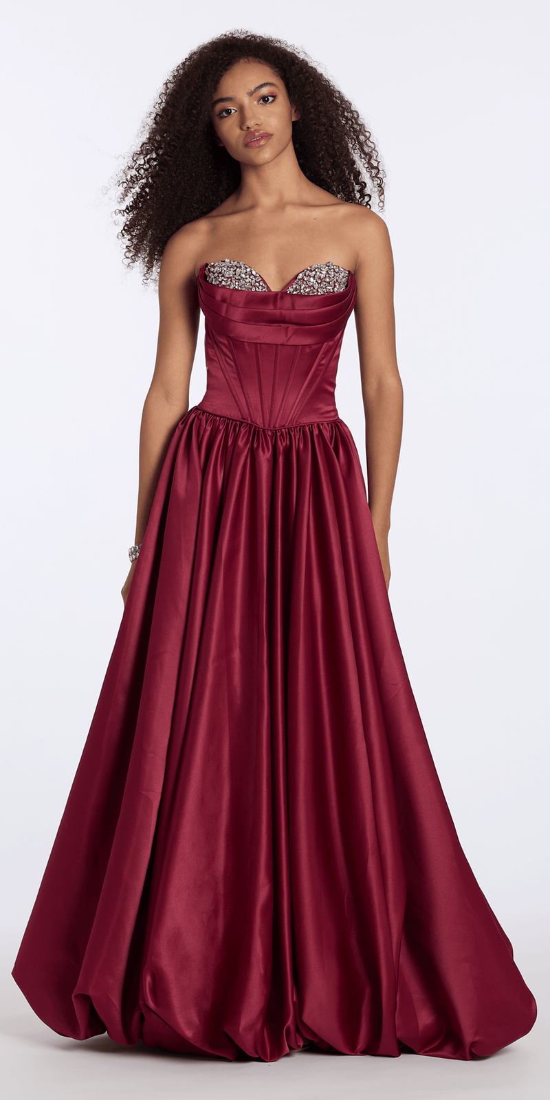 wine/size/2/missy/Camille La Vie/Satin Rhinestone Strapless Corset Ballgown with Bubble Hem/front