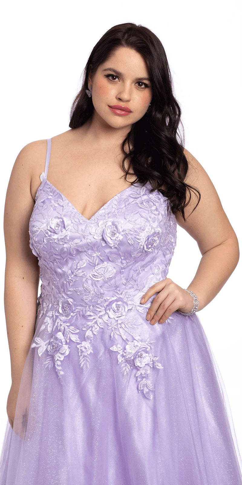lilac/size/14/plus/Camille La Vie/Tulle Lace Up Back Ballgown with 3D Appliques/front alt
