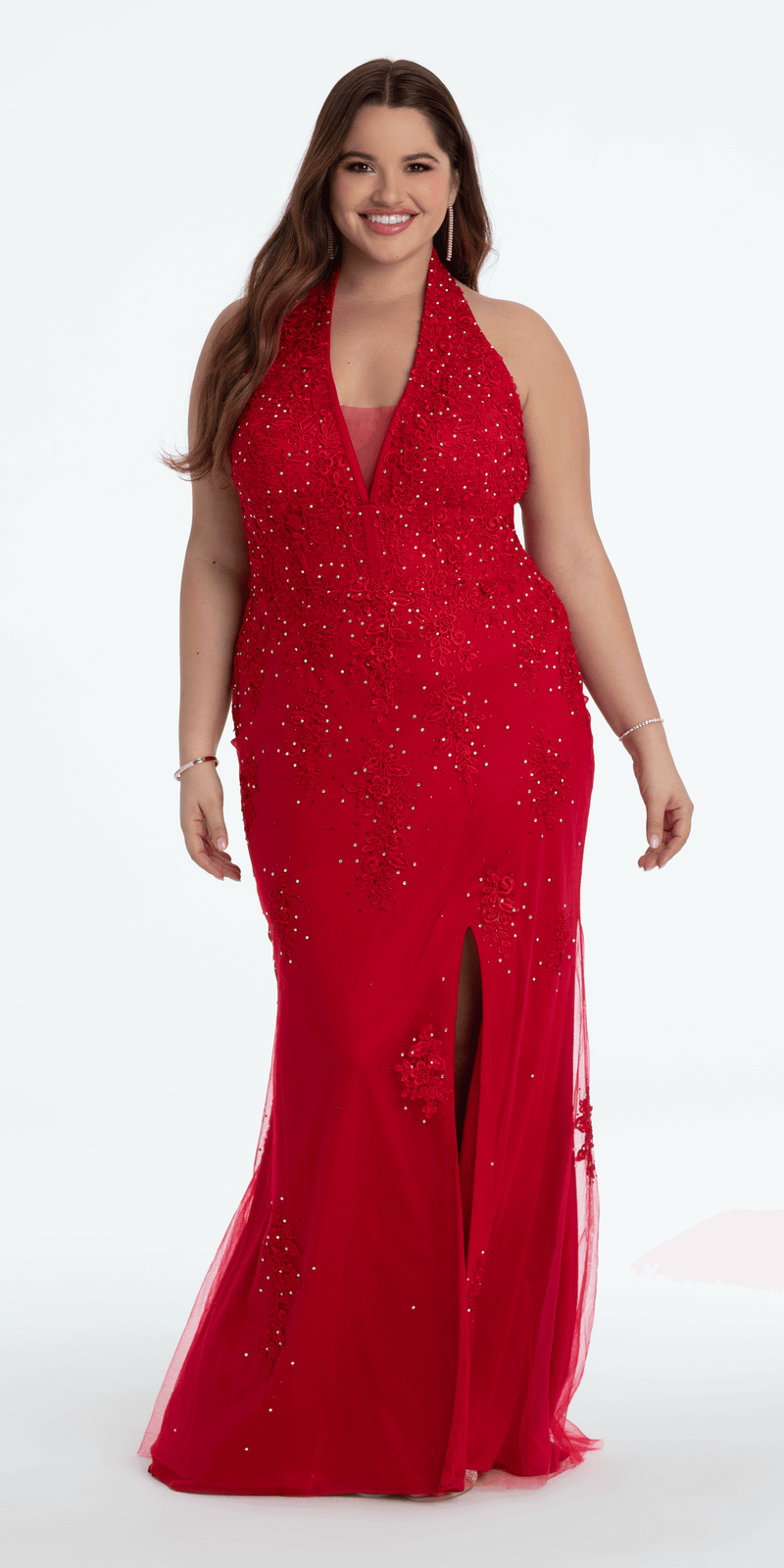 Embroidered Plunging Corset Mesh Halter Dress - Camille La Vie
