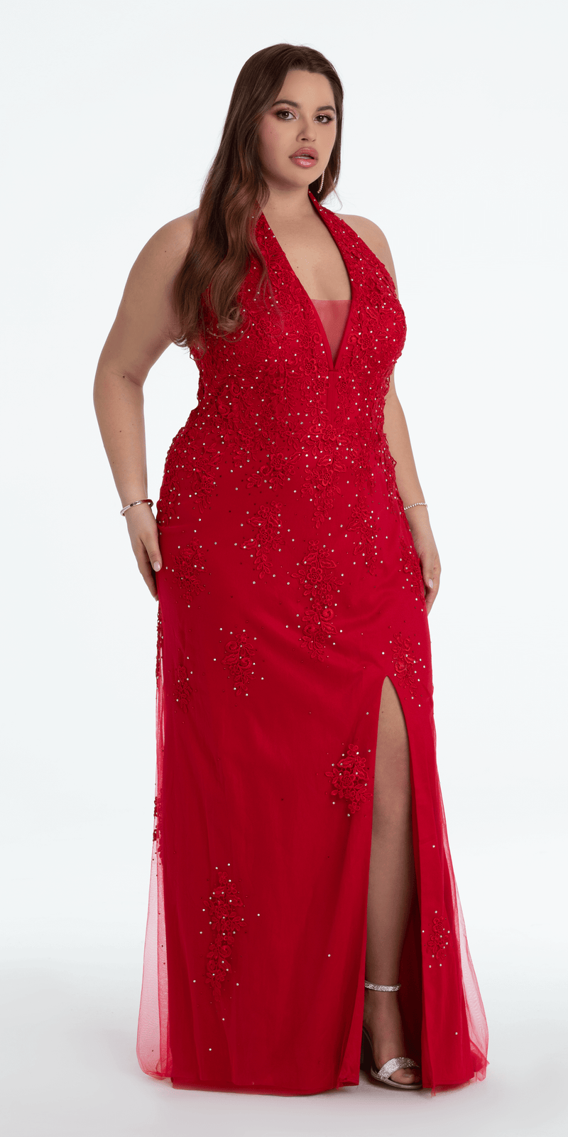 Embroidered Plunging Corset Mesh Halter Dress - Camille La Vie