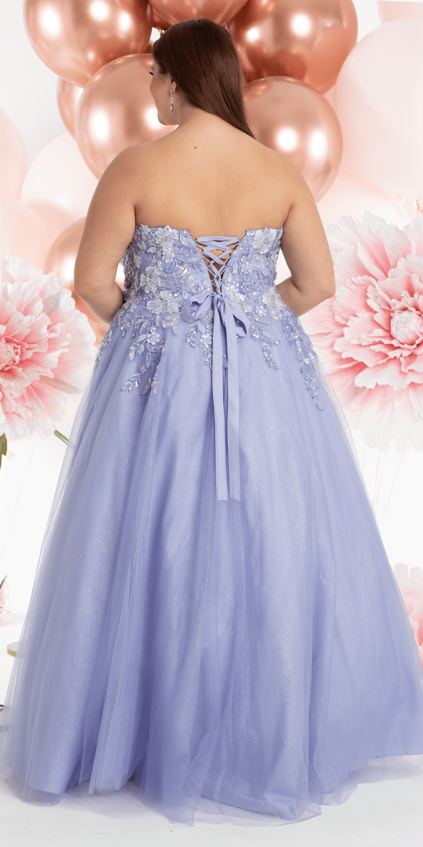 Camille La Vie Strapless Glitter Tulle Ballgown with 3D Detail