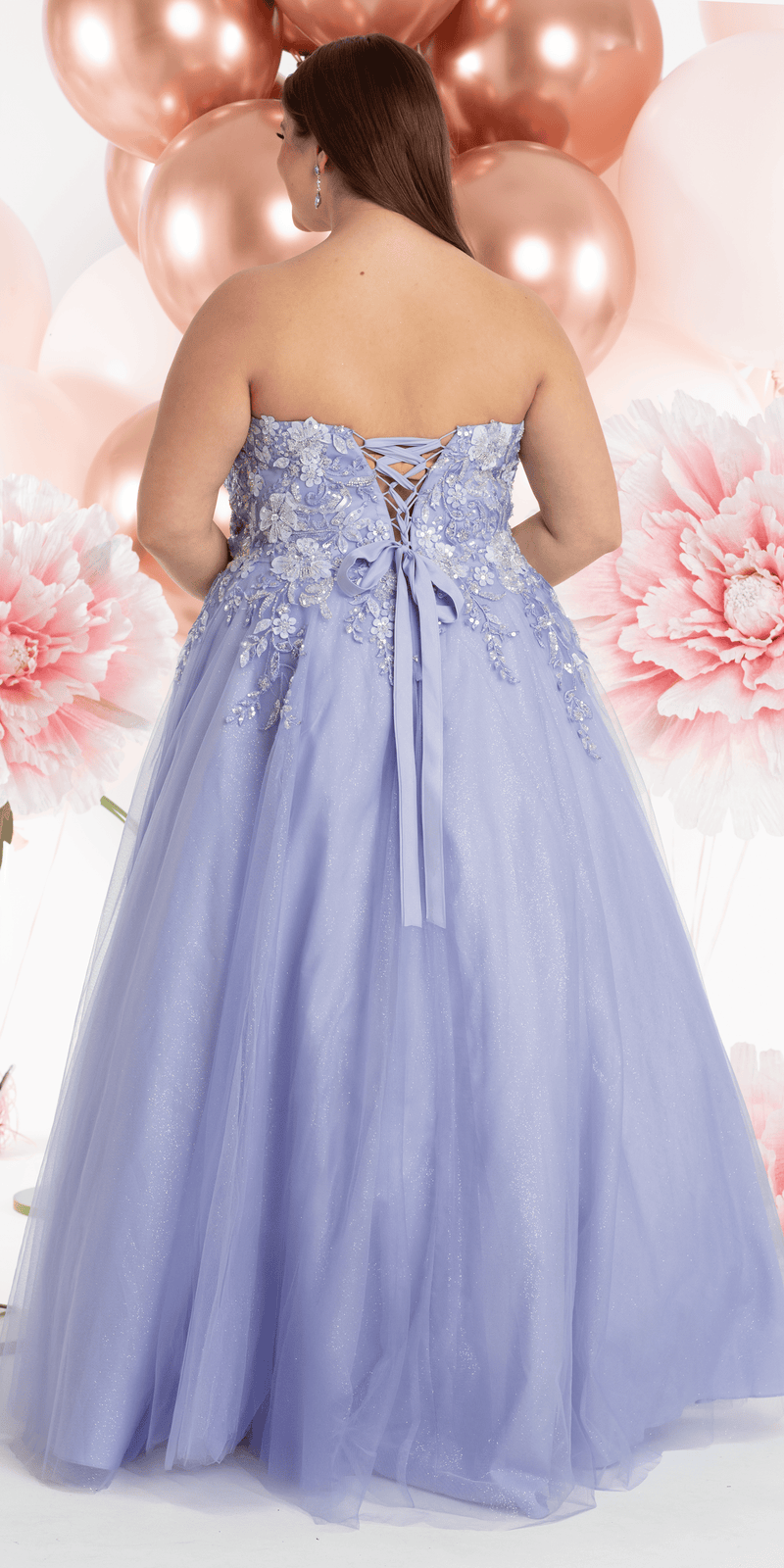 Camille La Vie Strapless Glitter Tulle Ballgown with 3D Detail