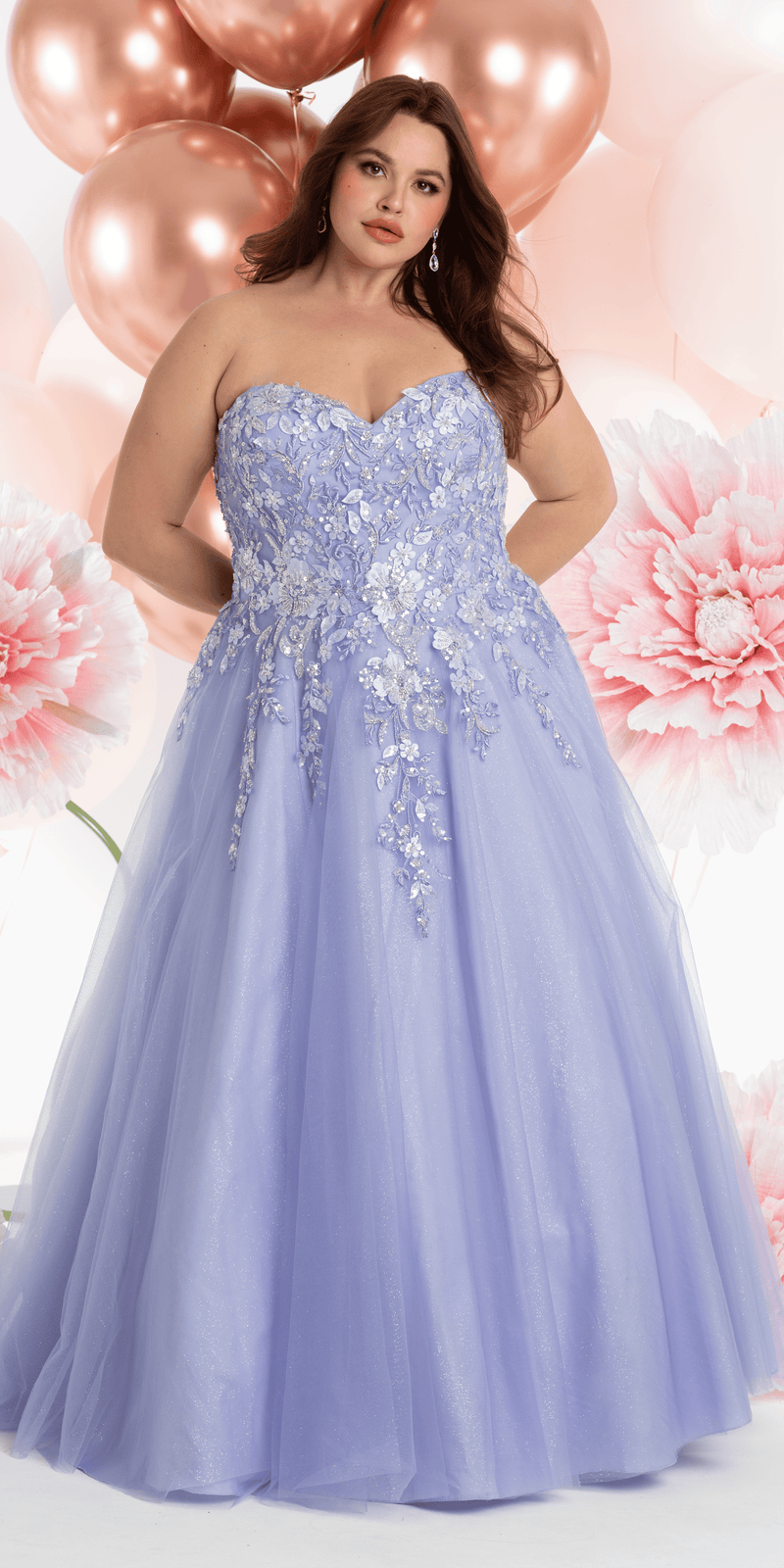 Camille La Vie Strapless Glitter Tulle Ballgown with 3D Detail plus / 14 / lilac