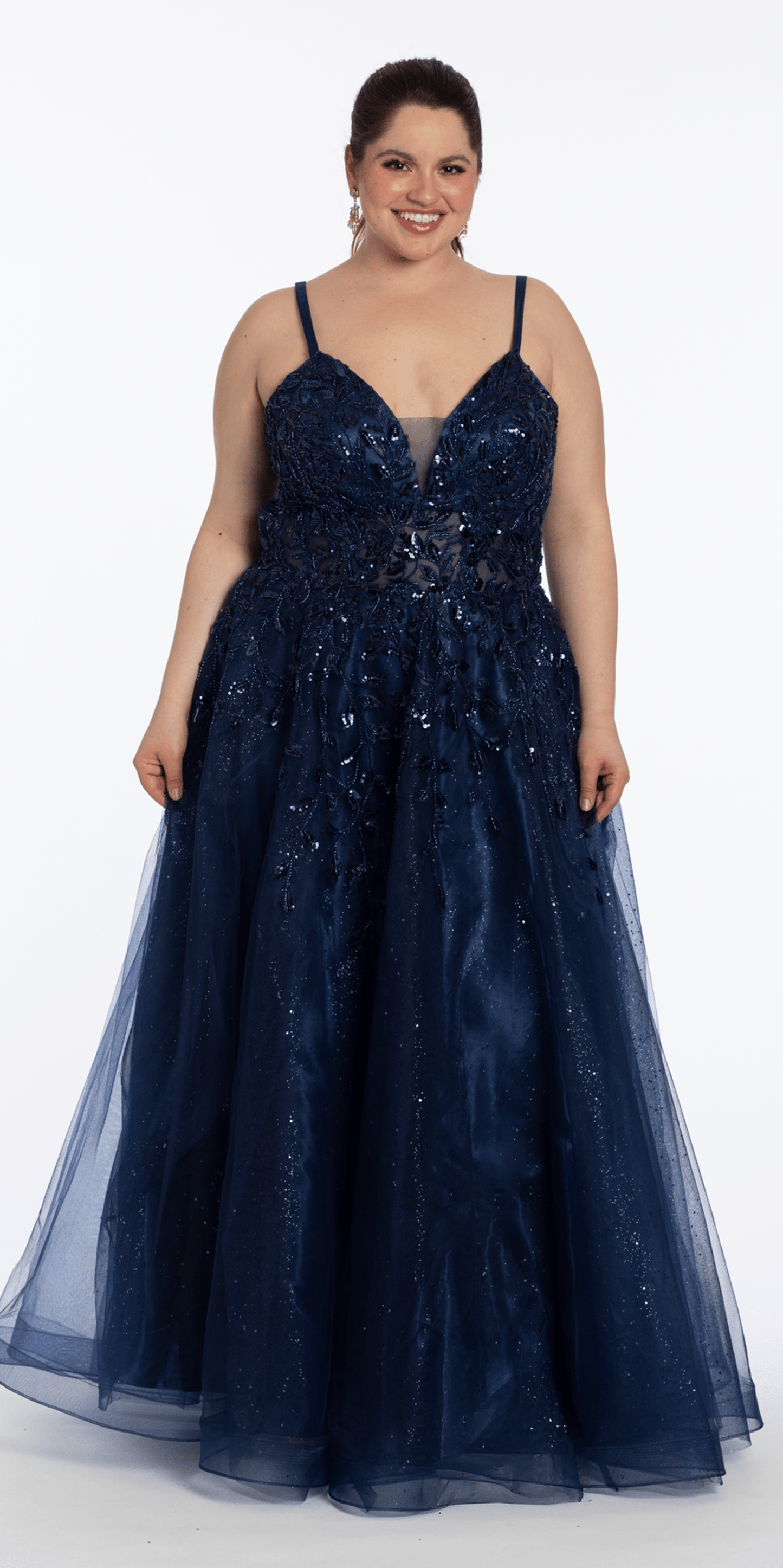 Sequin Embellished Plunge Glitter Tulle Ballgown - Camille La Vie