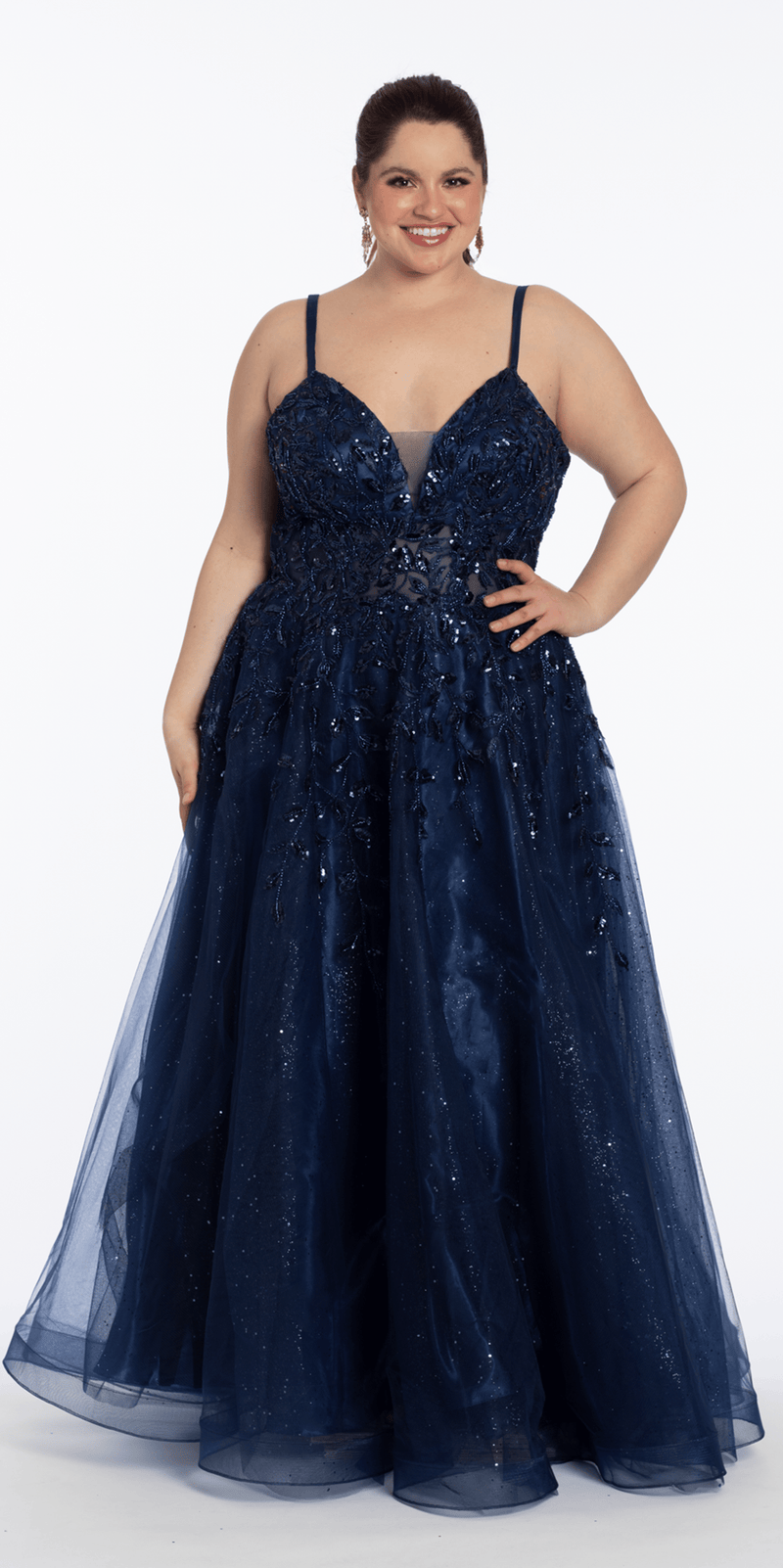 Sequin Embellished Plunge Glitter Tulle Ballgown - Camille La Vie