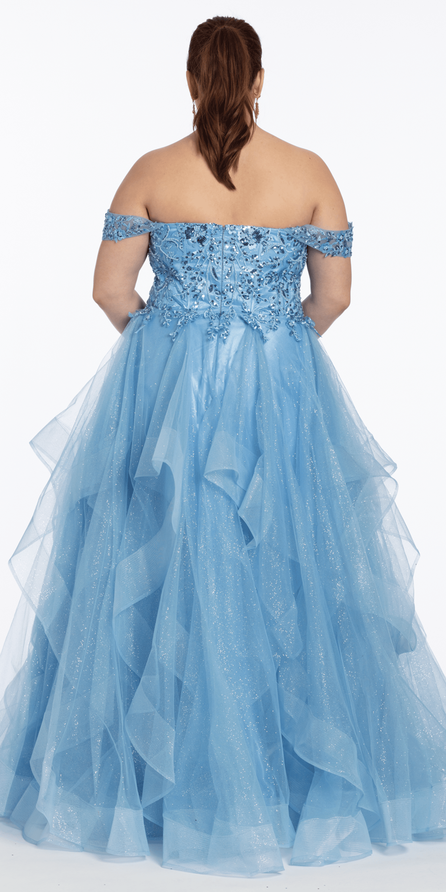 Embroidered Off the Shoulder Beaded Glitter Tulle Tiered Ballgown - Camille La Vie