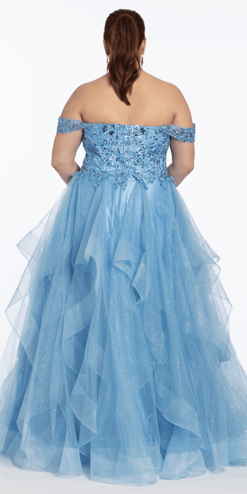 Embroidered Off the Shoulder Beaded Glitter Tulle Tiered Ballgown - Camille La Vie