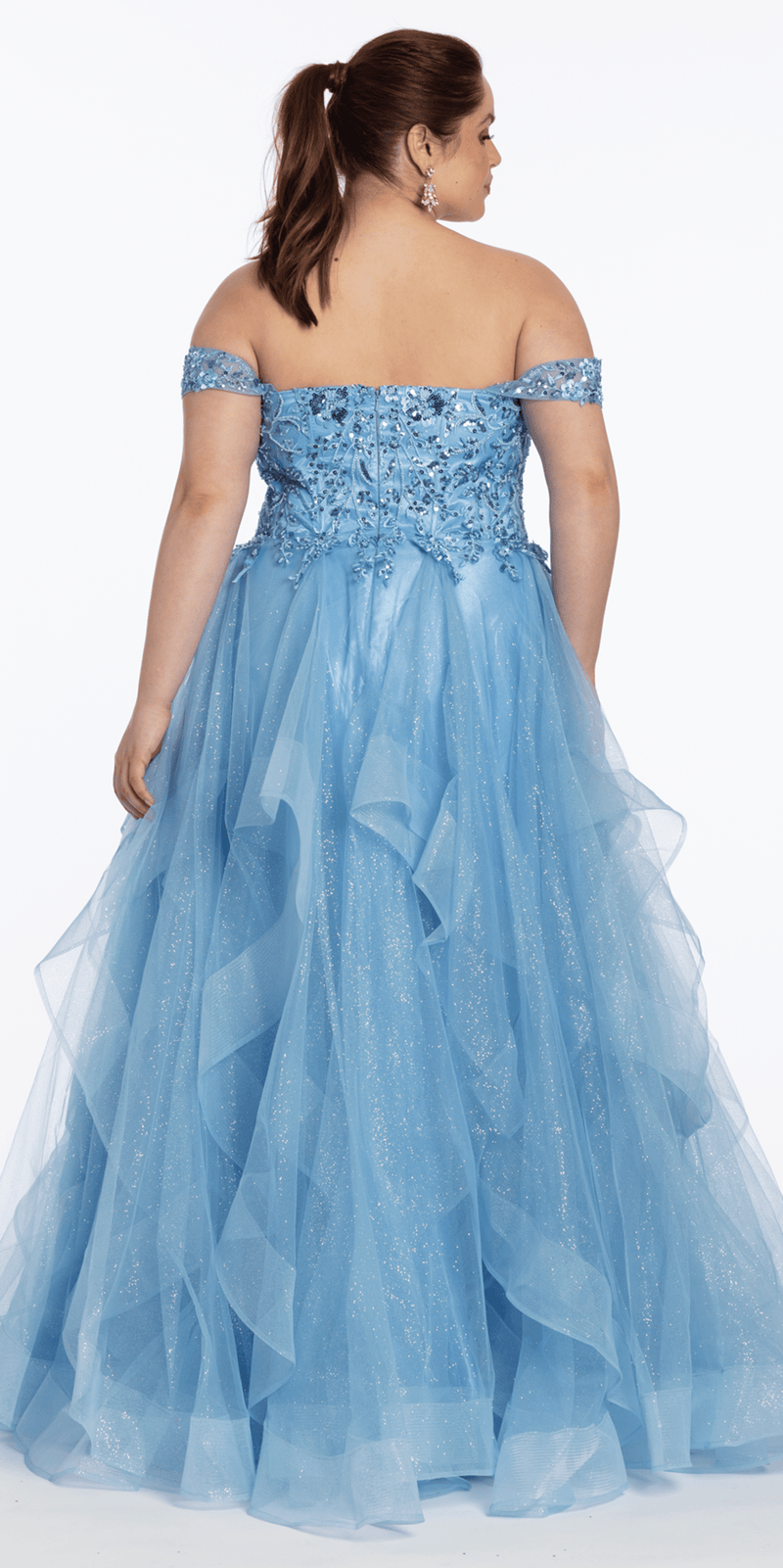 Embroidered Off the Shoulder Beaded Glitter Tulle Tiered Ballgown - Camille La Vie