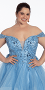 Embroidered Off the Shoulder Beaded Glitter Tulle Tiered Ballgown - Camille La Vie