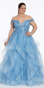 Embroidered Off the Shoulder Beaded Glitter Tulle Tiered Ballgown - Camille La Vie