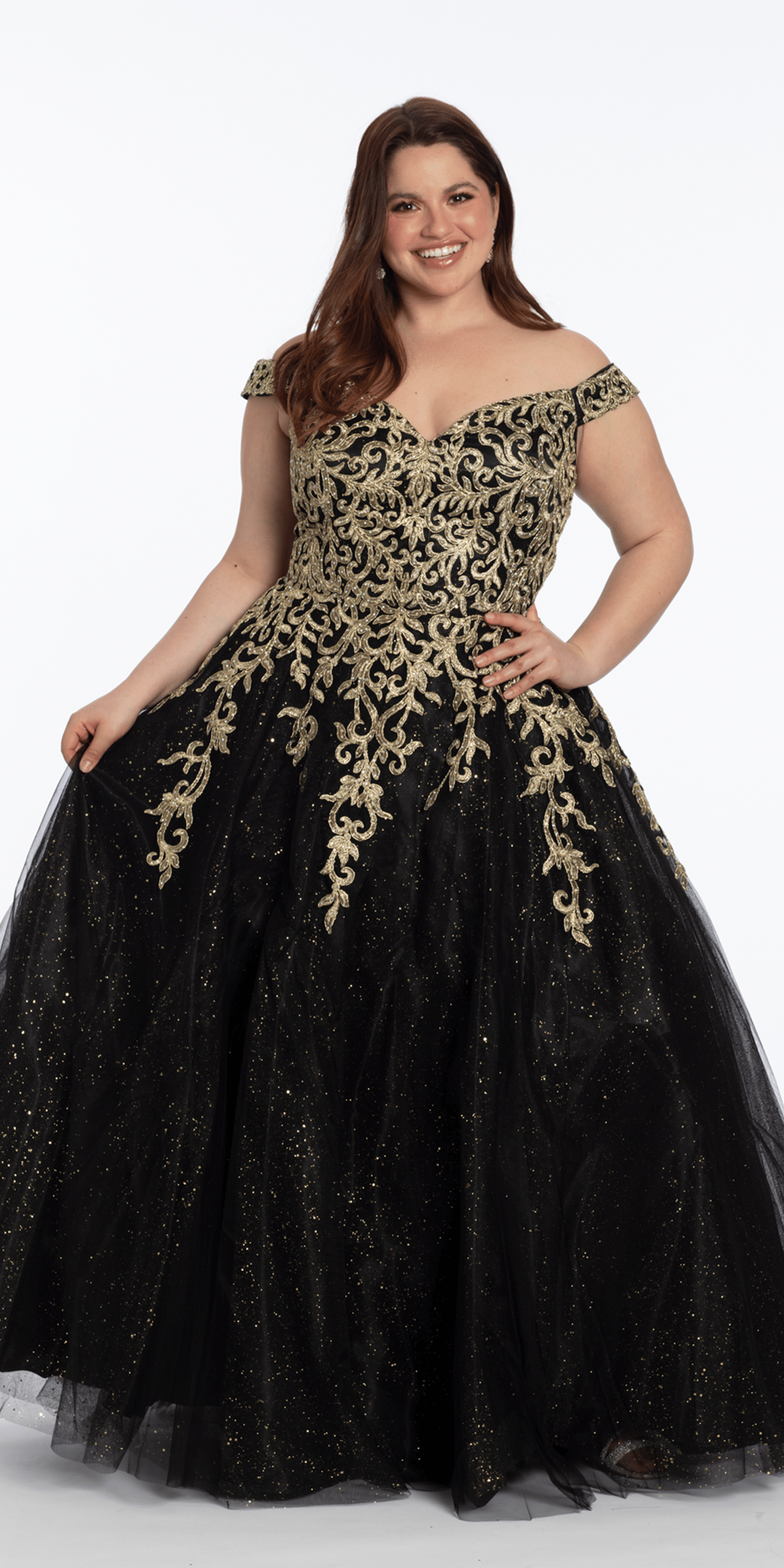 Embroidered Off the Shoulder Glitter Tulle Ballgown - Camille La Vie
