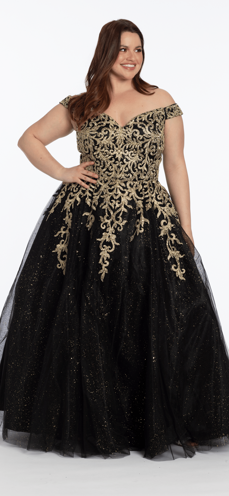 Embroidered Off the Shoulder Glitter Tulle Ballgown - Camille La Vie