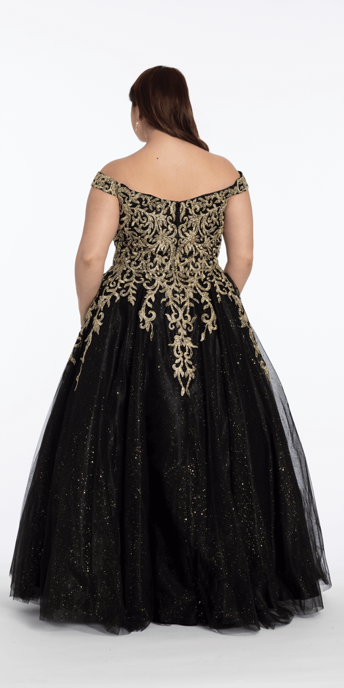 black-gold/size/14/plus/Camille La Vie/Embroidered Off the Shoulder Glitter Tulle Ballgown /back 1