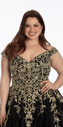 black-gold/size/14/plus/Camille La Vie/Embroidered Off the Shoulder Glitter Tulle Ballgown /close up