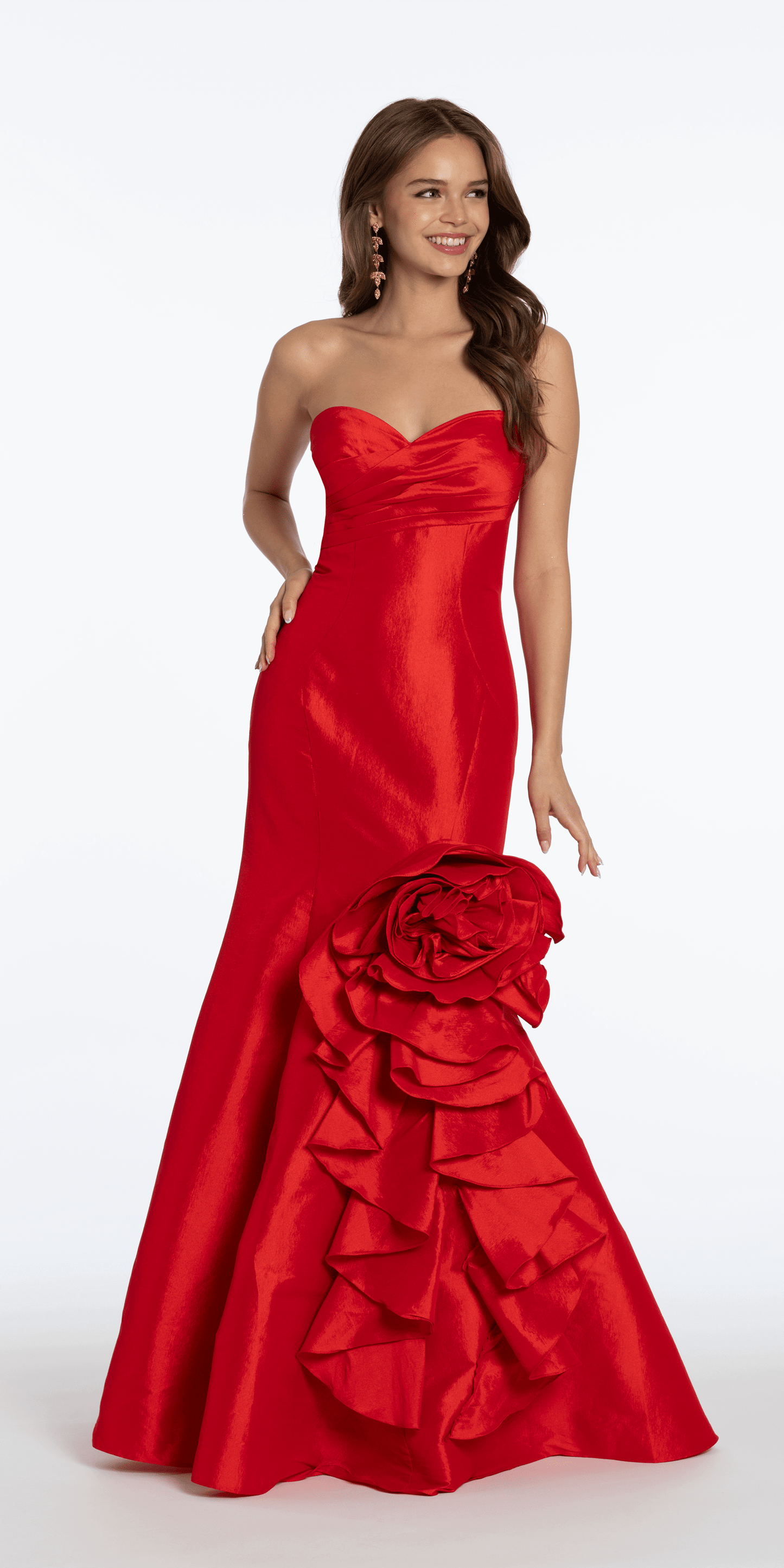 red/size/4/missy/Camille La Vie/Stretch Taffeta Mermaid Dress with Ruffle Flower Hem/front alt 2