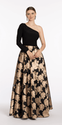 Jersey Jacquard One Shoulder Long Sleeve Ballgown with Pockets - Camille La Vie