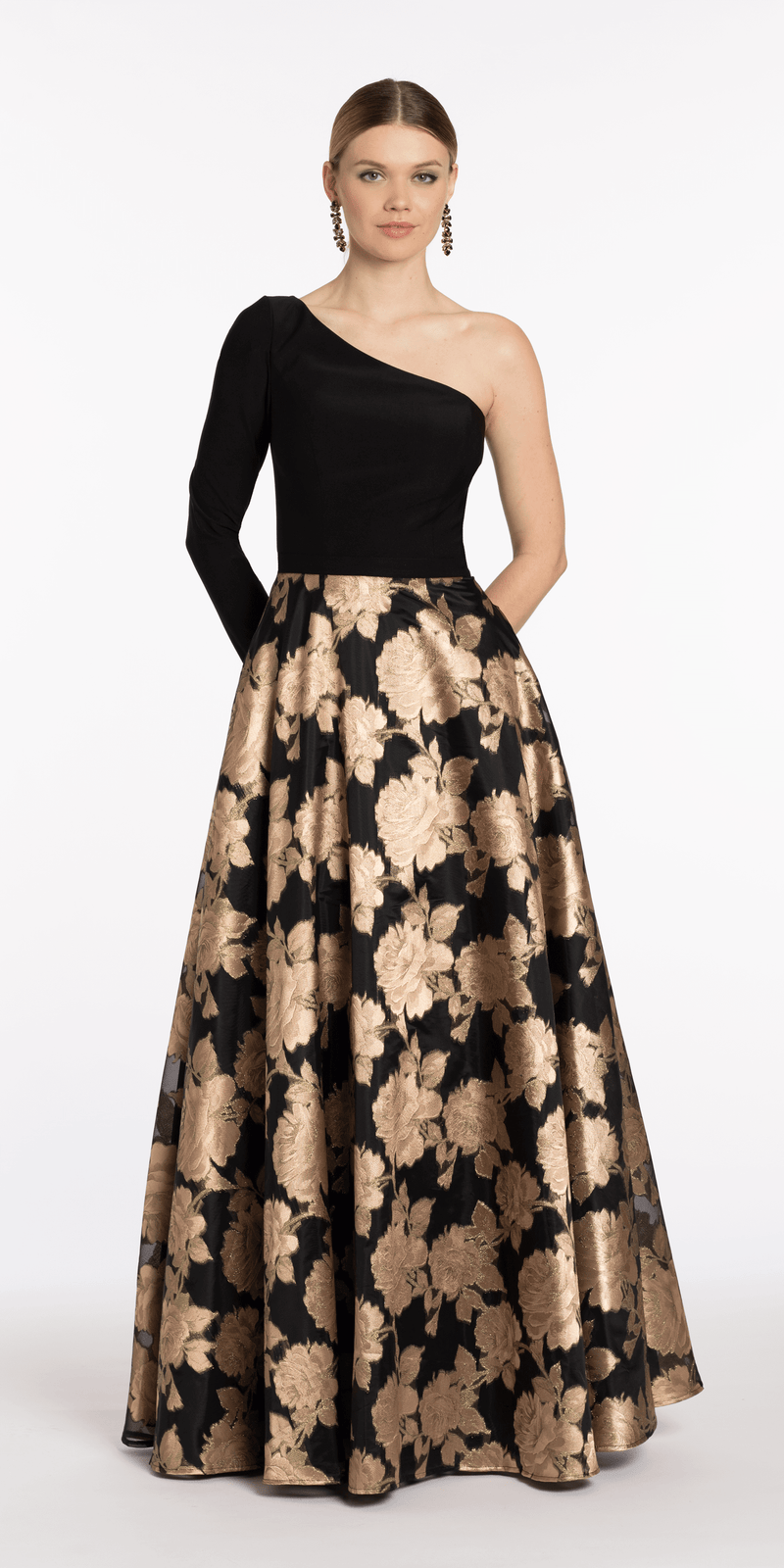 Jersey Jacquard One Shoulder Long Sleeve Ballgown with Pockets - Camille La Vie