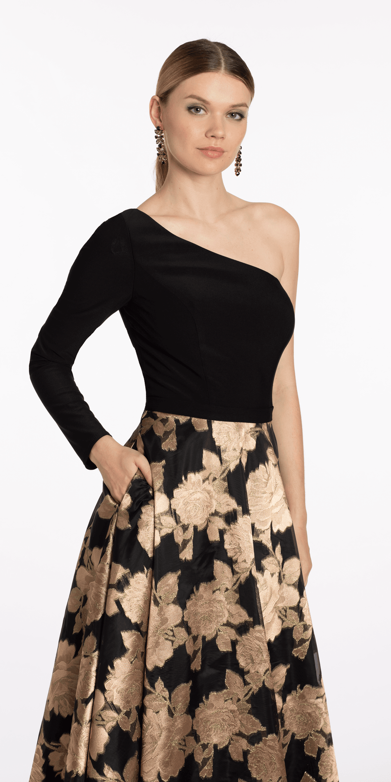 Jersey Jacquard One Shoulder Long Sleeve Ballgown with Pockets - Camille La Vie