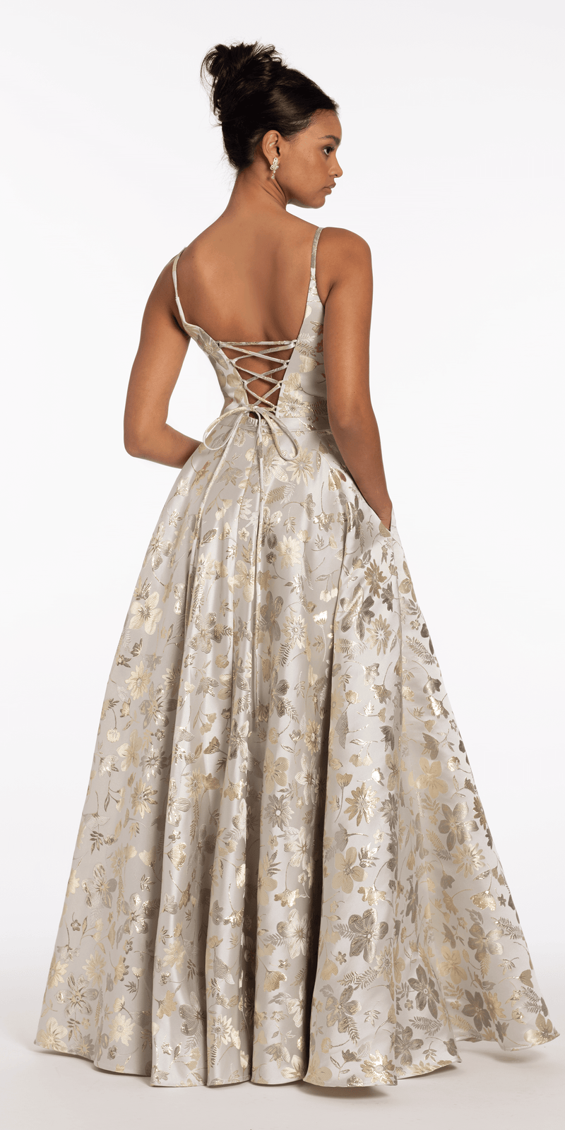 Sweetheart Floral Jacquard A Line Lace Up Back Dress - Camille La Vie