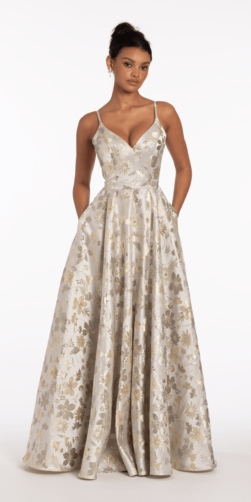 silver-gold/size/4/missy/Camille La Vie/Sweetheart Floral Jacquard A Line Lace Up Back Dress/front alt
