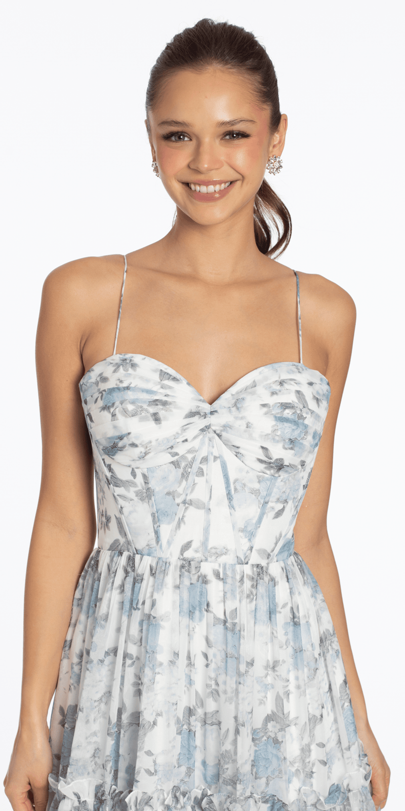 white-blue/size/4/missy/Camille La Vie/Sweetheart Chiffon Floral Print Corset Boho A Line Dress /close up
