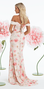 Pleated Satin Pastel Floral Off the Shoulder Corset Trumpet Dress - Camille La Vie
