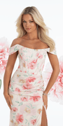 Pleated Satin Pastel Floral Off the Shoulder Corset Trumpet Dress - Camille La Vie