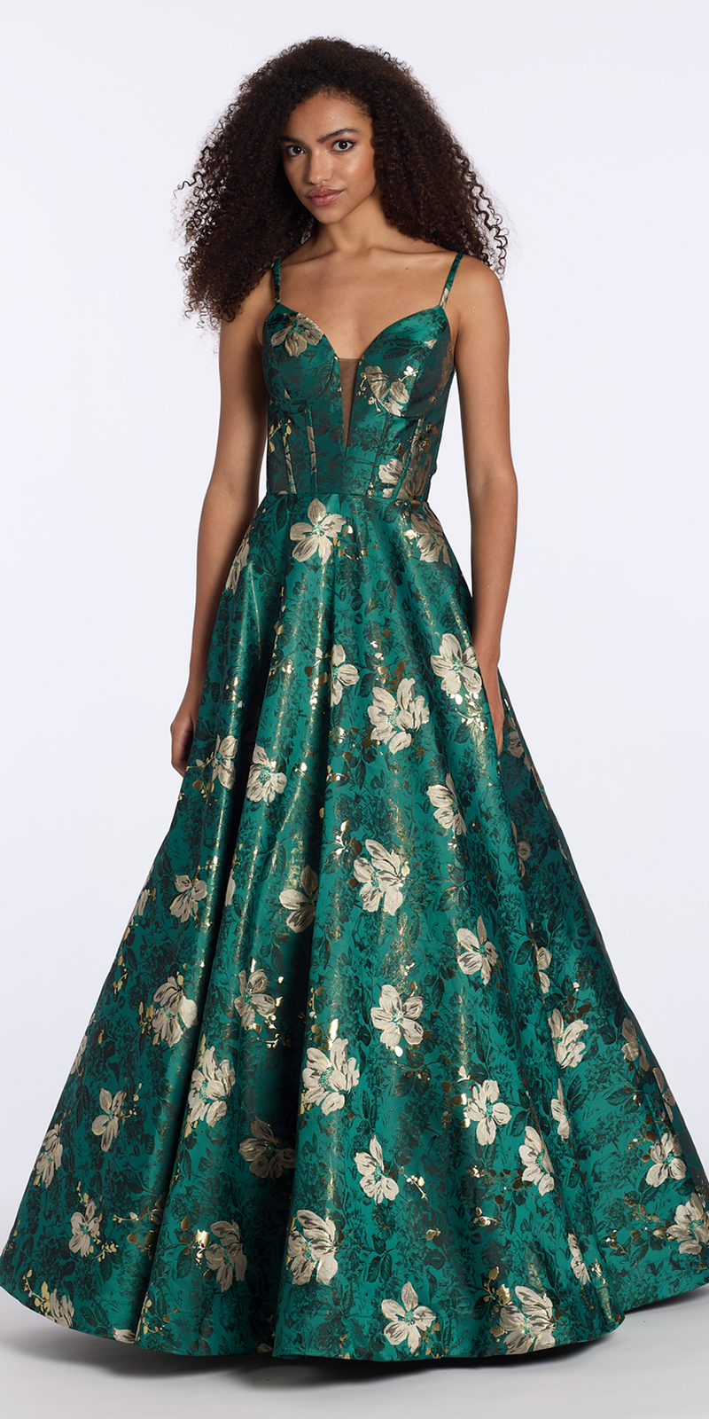 Camille La Vie Floral Jacquard Plunge A Line Dress with Pockets missy / 2 / green-multi