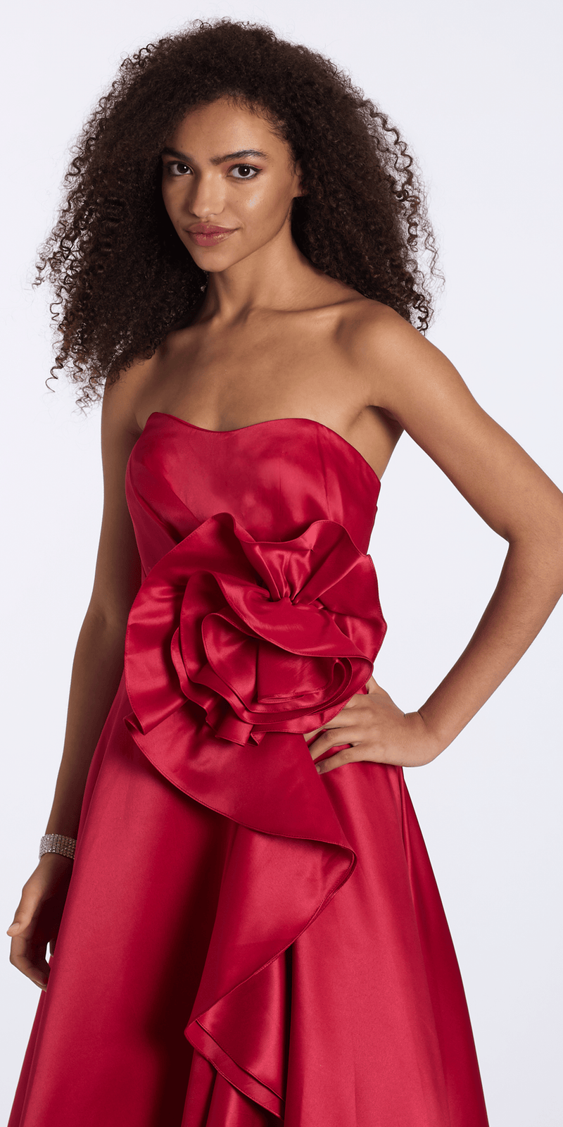 berry/size/0/missy/Camille La Vie/ Pleated Strapless Satin Corset Ballgown with Rosette/close up