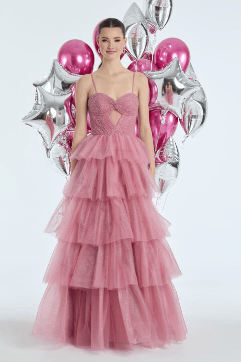 Pleated Peek-a-Boo-Sweetheart Tulle Tiered Ballgown with Heat Set Stones - Camille La Vie
