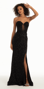 Beaded Illusion Sweetheart Trumpet Dress with Side Slit - Camille La Vie