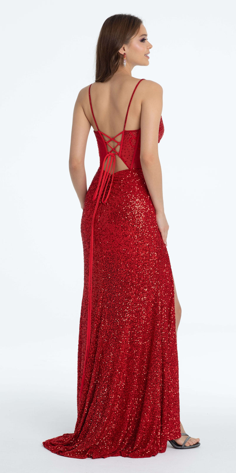 Illusion Sequin Corset Lace Up Column Dress - Camille La Vie