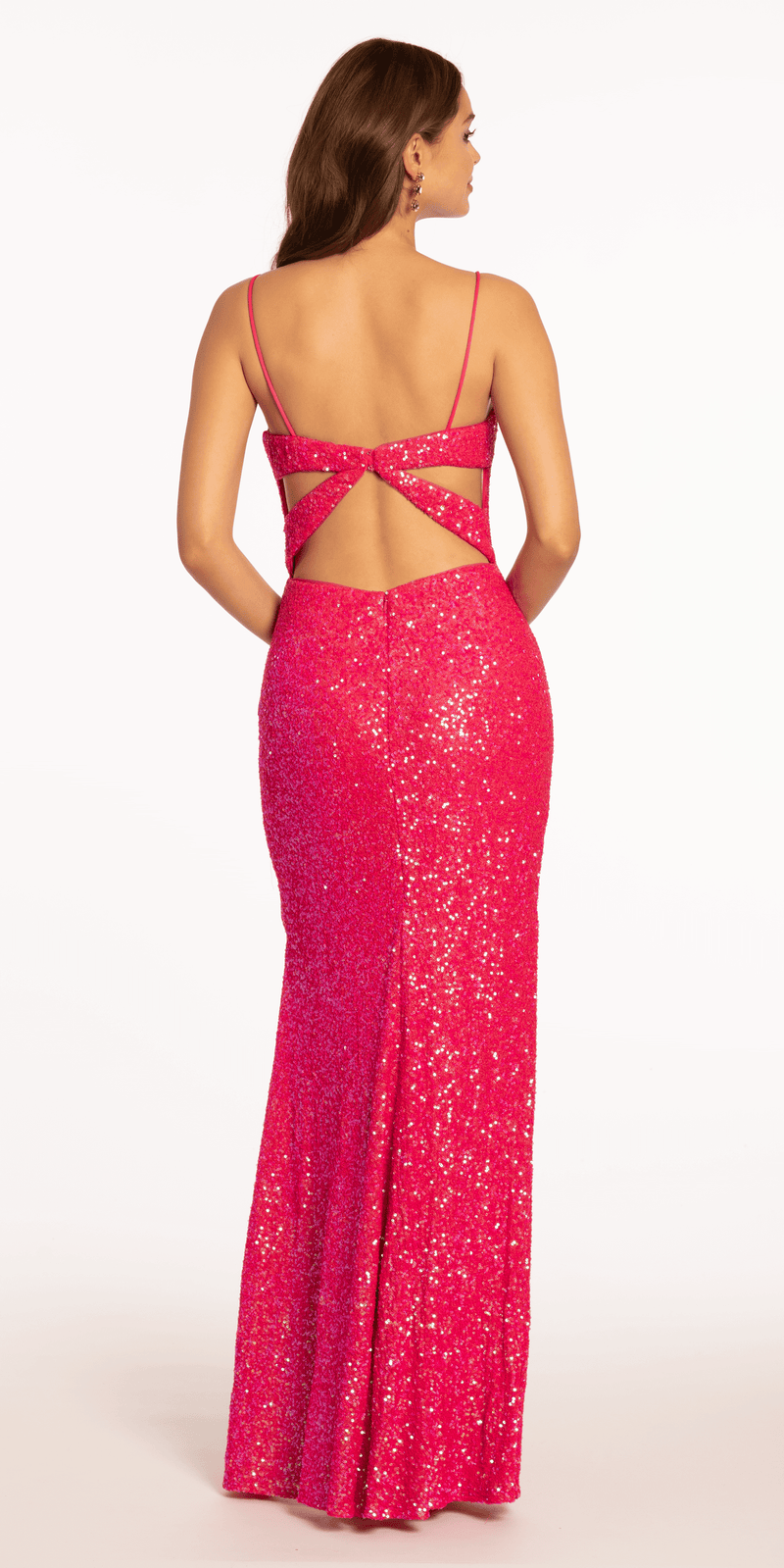 Stretch Sequin Plunge Column Dress with Exaggerated Side Slit - Camille La Vie