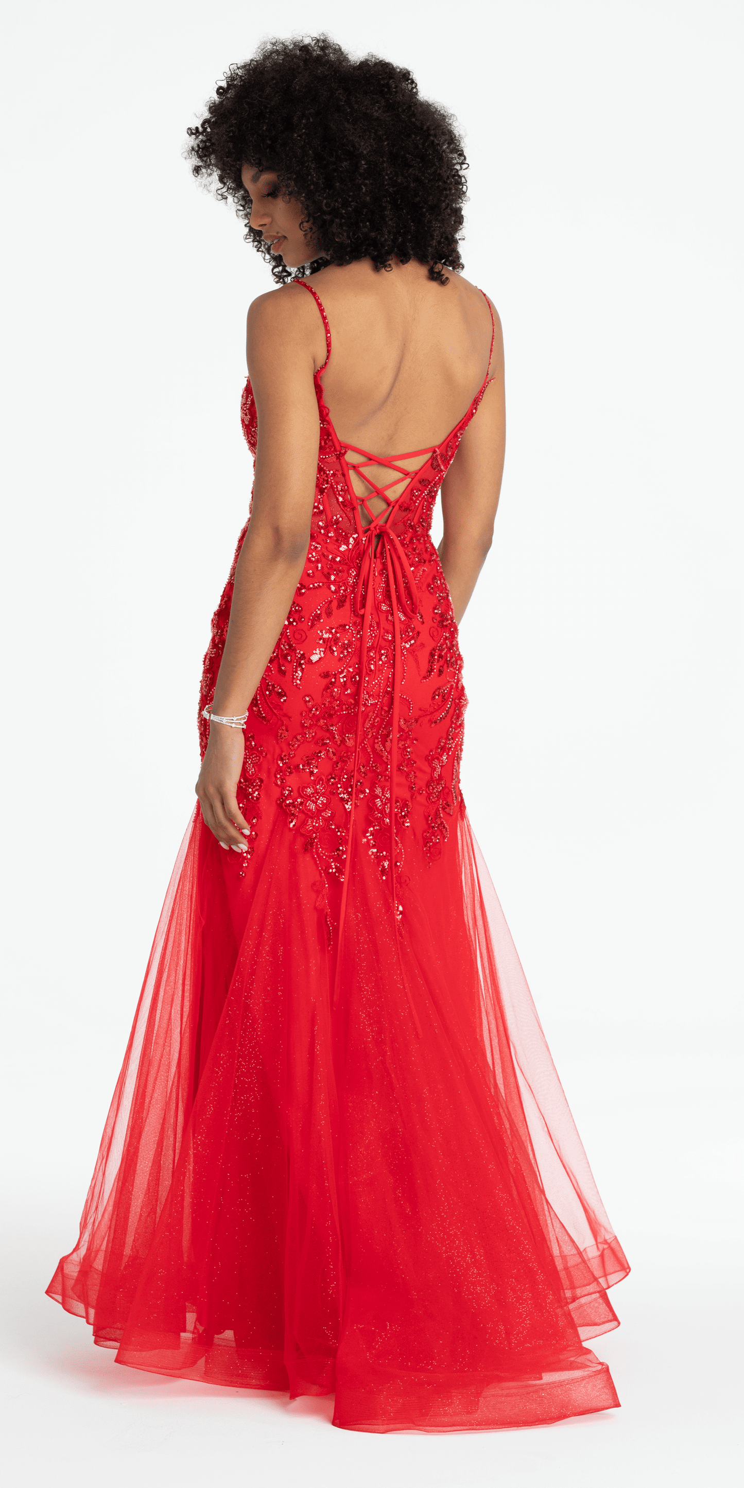 Beaded Embellished Plunging Glitter Mermaid Dress with Mesh Godets - Camille La Vie