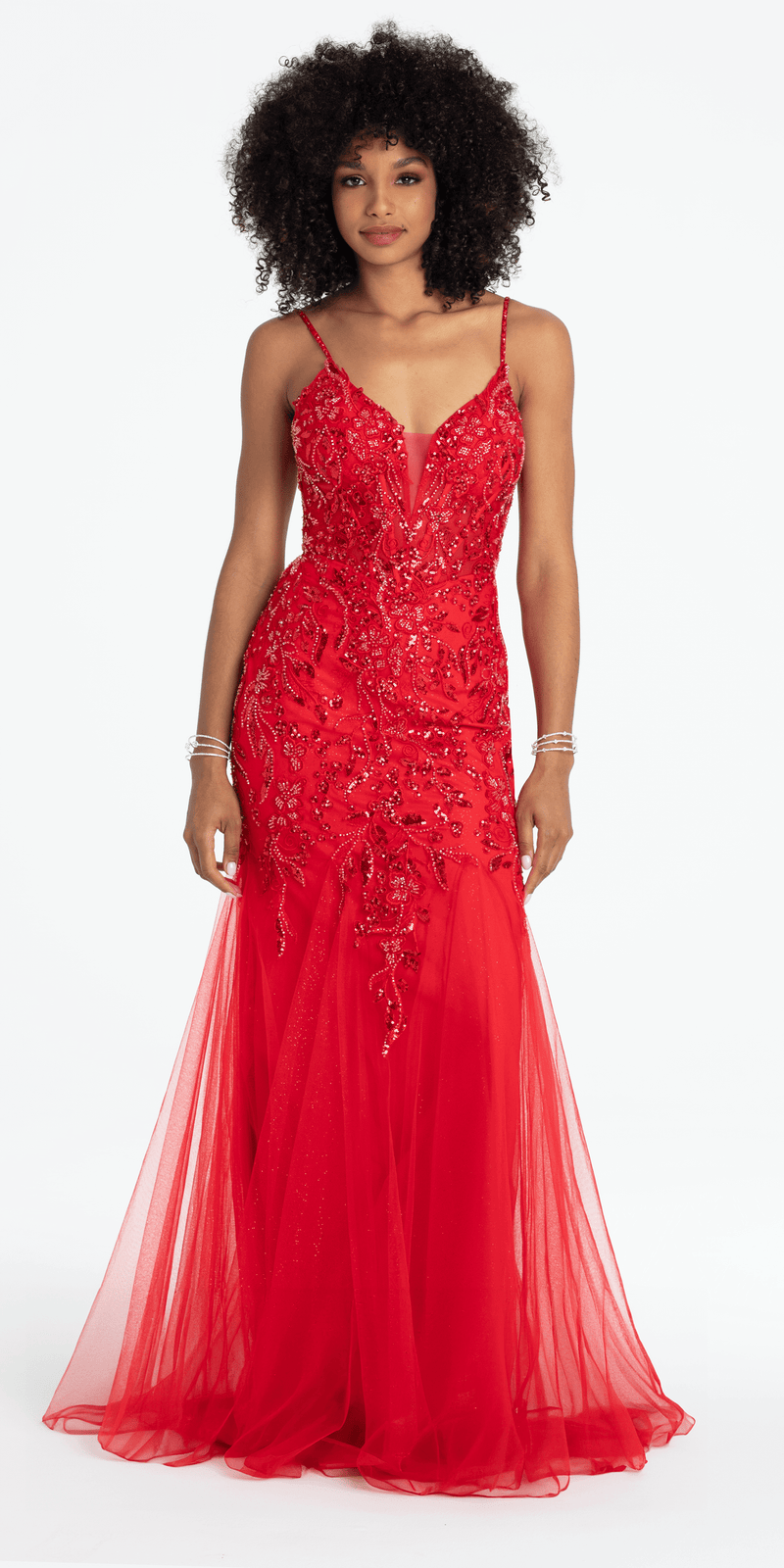 Beaded Embellished Plunging Glitter Mermaid Dress with Mesh Godets - Camille La Vie