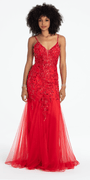 Beaded Embellished Plunging Glitter Mermaid Dress with Mesh Godets - Camille La Vie