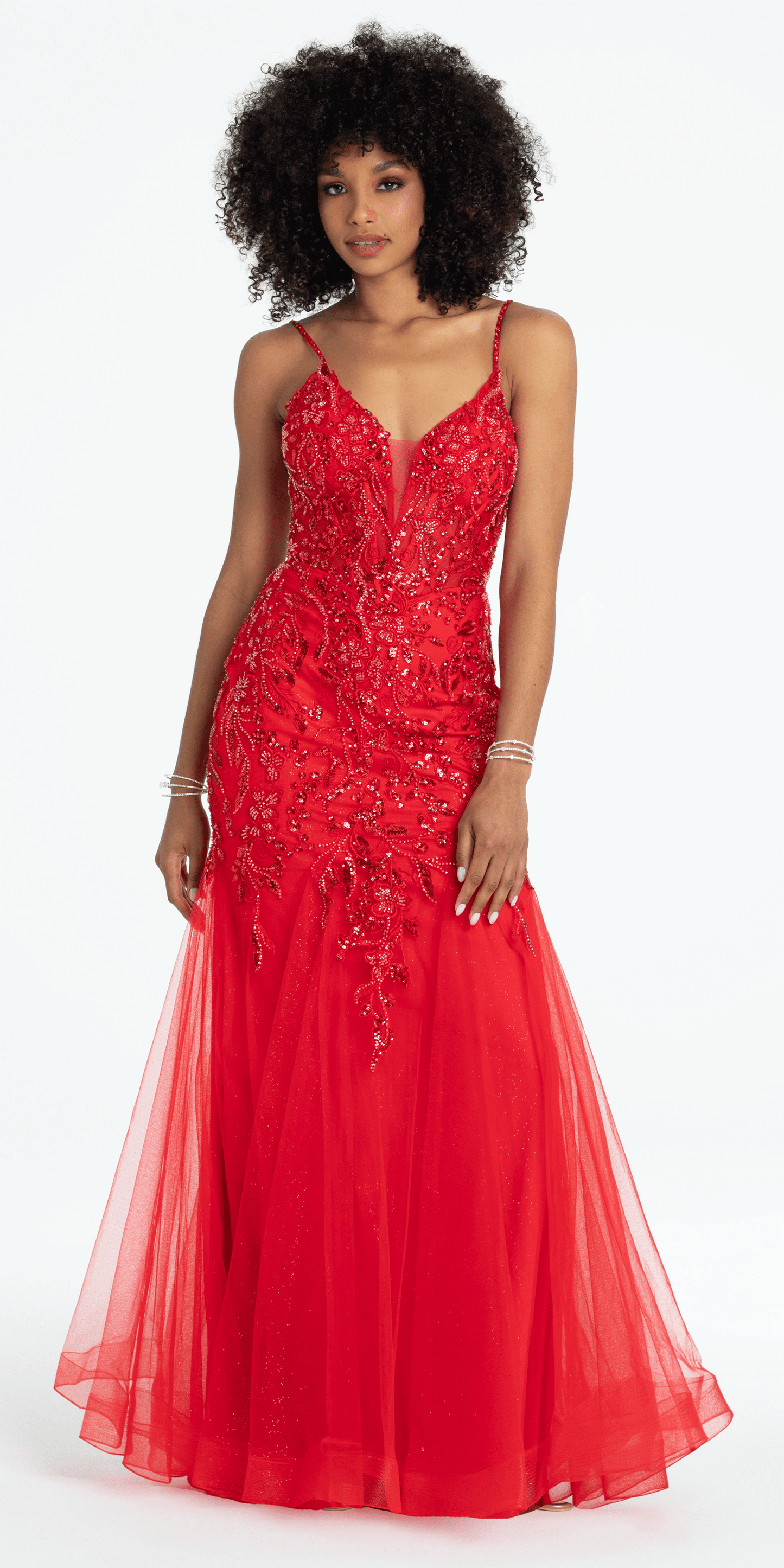 Beaded Embellished Plunging Glitter Mermaid Dress with Mesh Godets - Camille La Vie