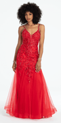 Beaded Embellished Plunging Glitter Mermaid Dress with Mesh Godets - Camille La Vie