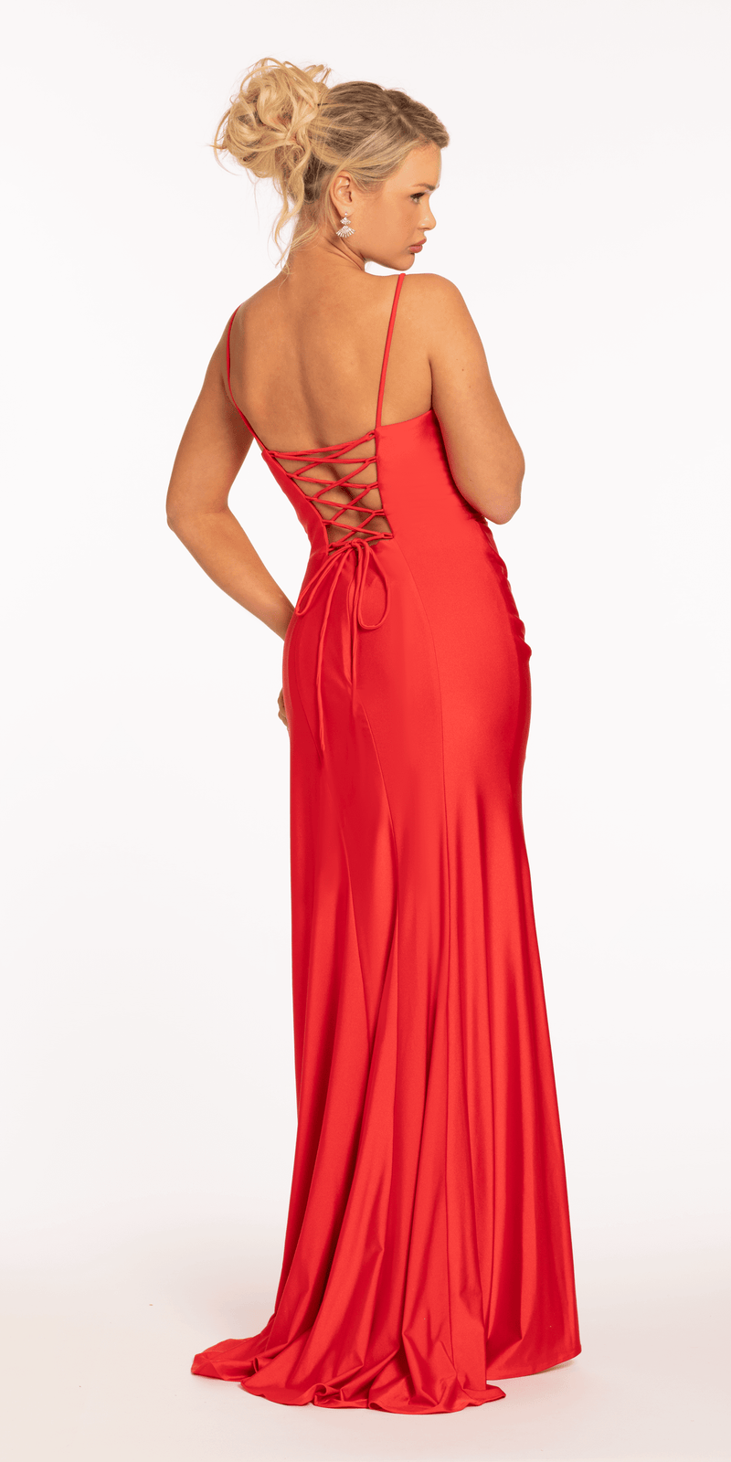 Stretch Satin Beaded Column Dress with Side Cascade - Camille La Vie