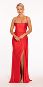 Stretch Satin Beaded Column Dress with Side Cascade - Camille La Vie