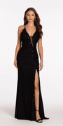Strappy Back Spandex Halter Trumpet Dress with Beaded Appliques - Camille La Vie