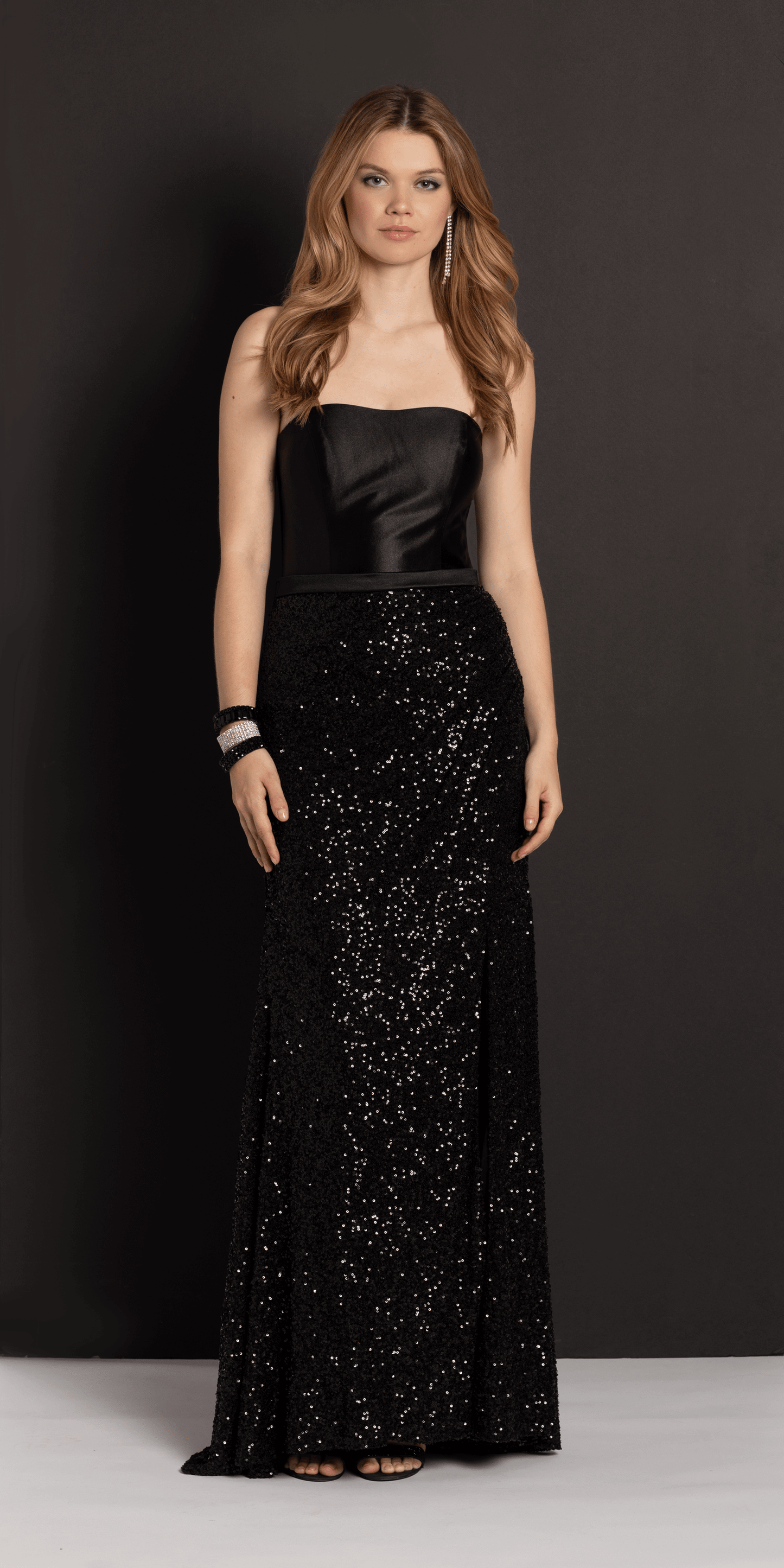 Strapless Stretch Satin Sequin Column Dress - Camille La Vie